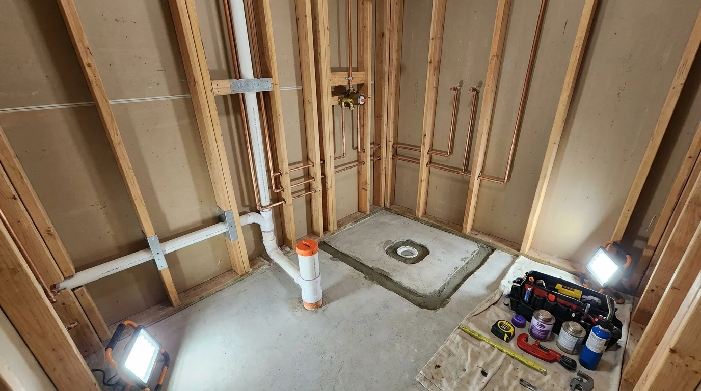 Bathroom rough-in plumbing during remodel by Johns Plumbing LLC in North Richland Hills