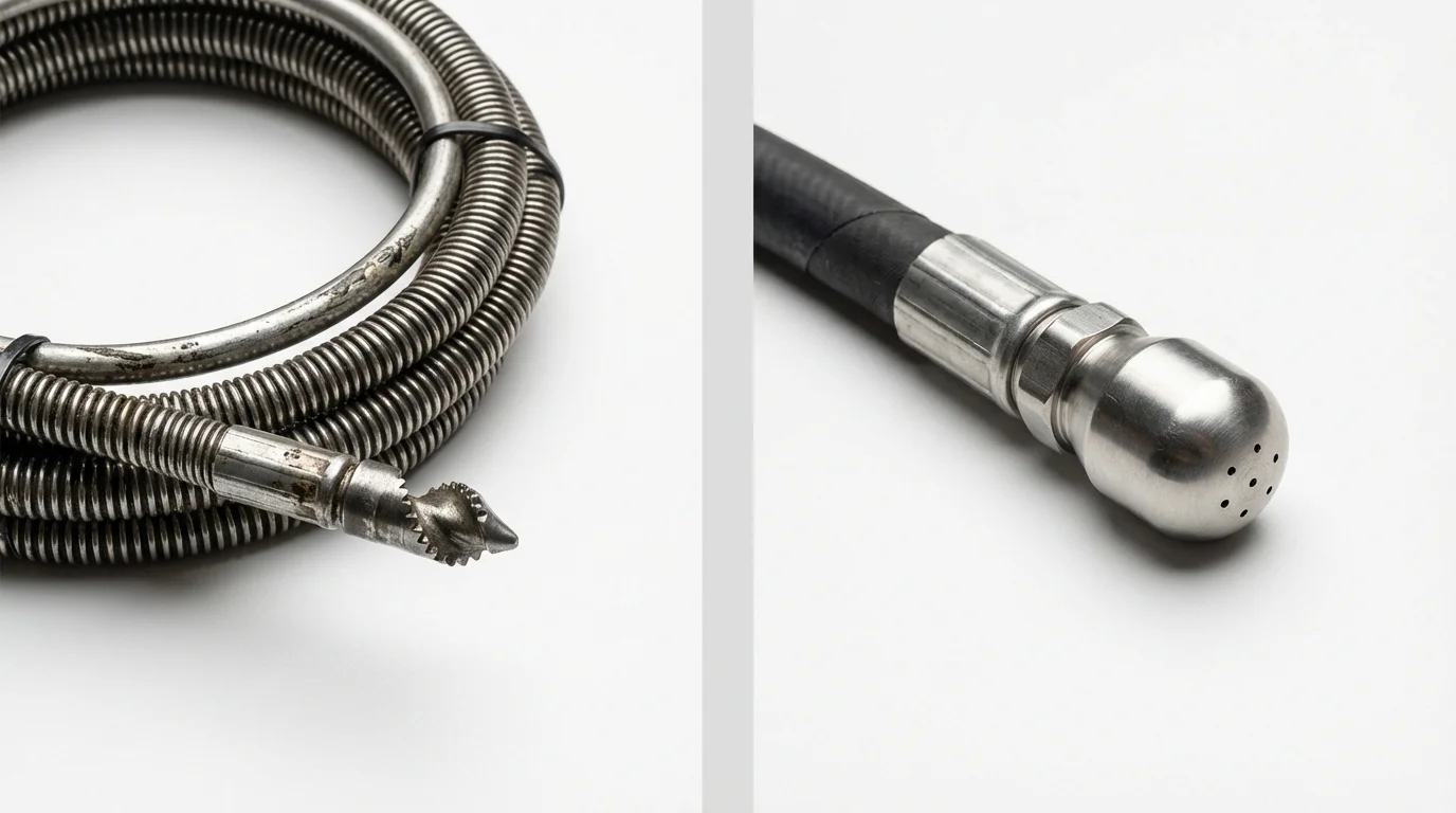 Drain snake cable and hydro jetting nozzle used for drain cleaning in North Richland Hills, TX
