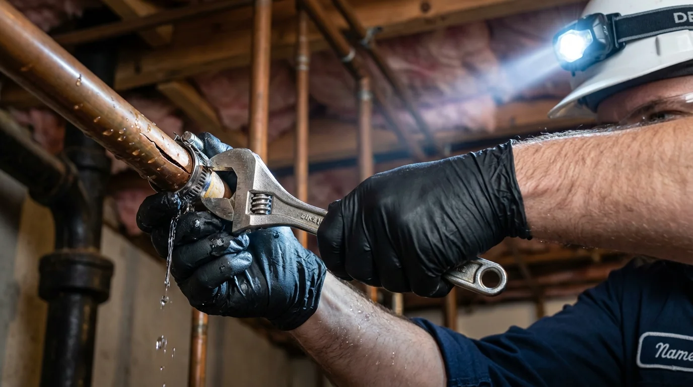 Emergency pipe clamp repair being performed by a Johns Plumbing LLC plumber in North Richland Hills