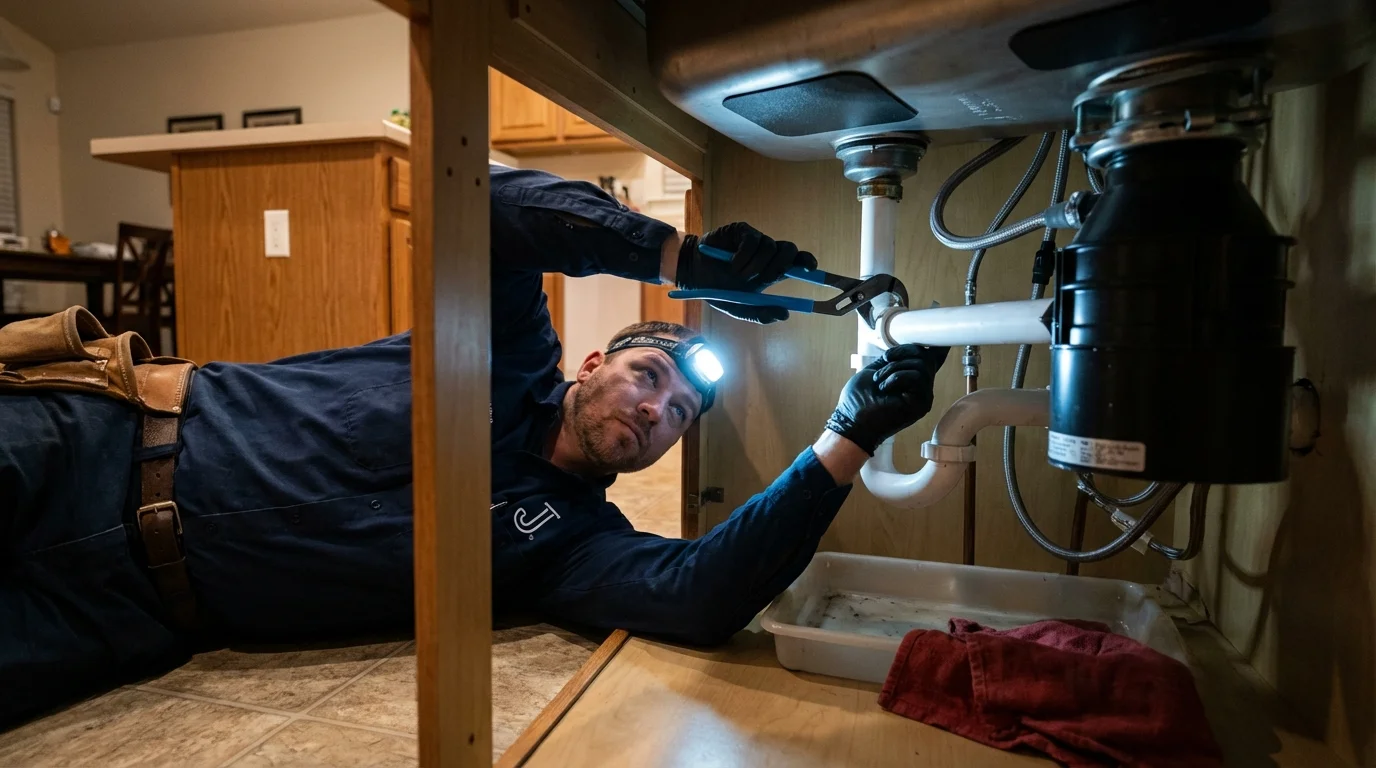 P-trap and supply line connections under a kitchen sink showing a common leak point in North Richland Hills, TX